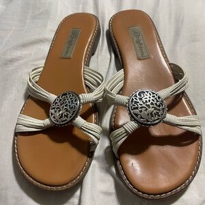 Brighton Ornate White and Tan Sandals with Elegant Silver Charm Accents 8.5